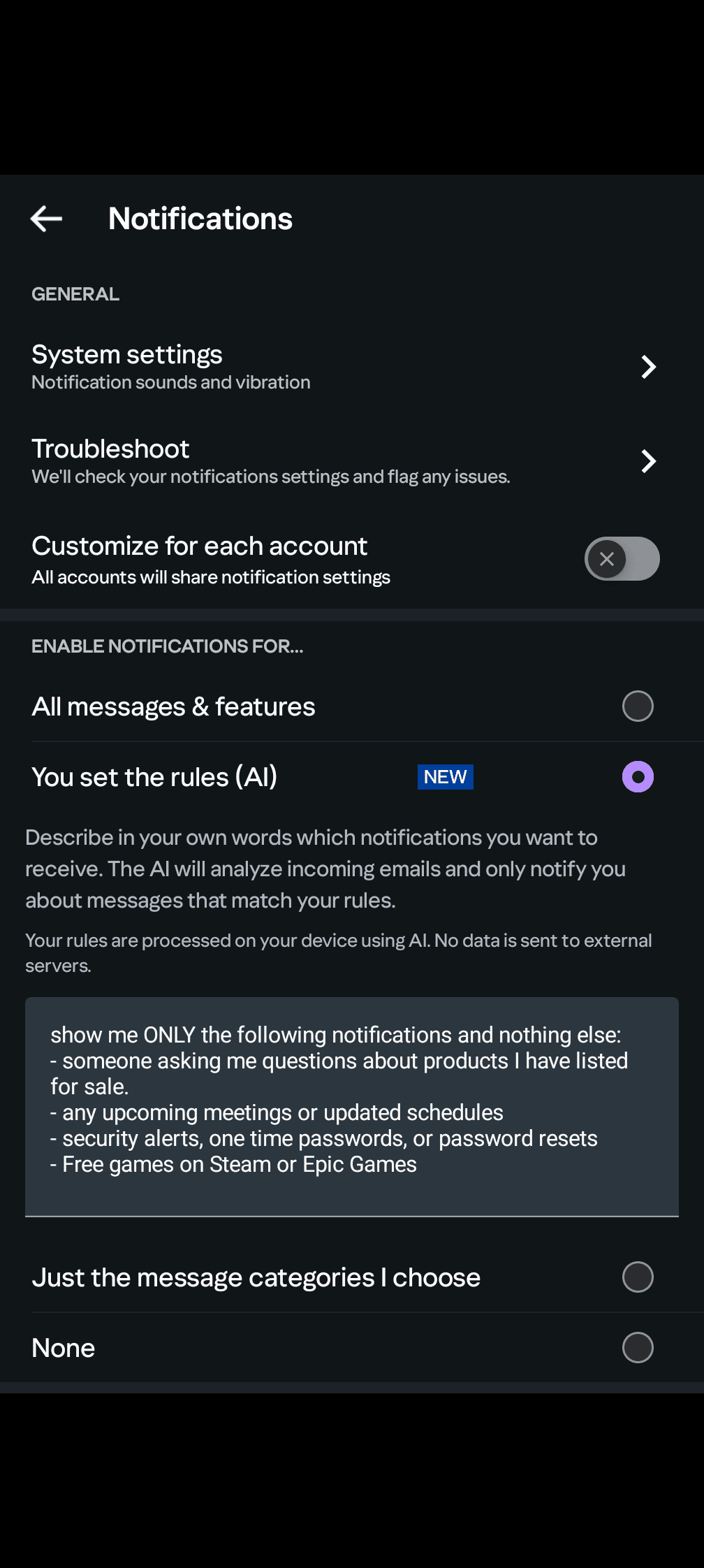 On-device Gemini Nano notification-prompt setting on Yahoo Mail Android