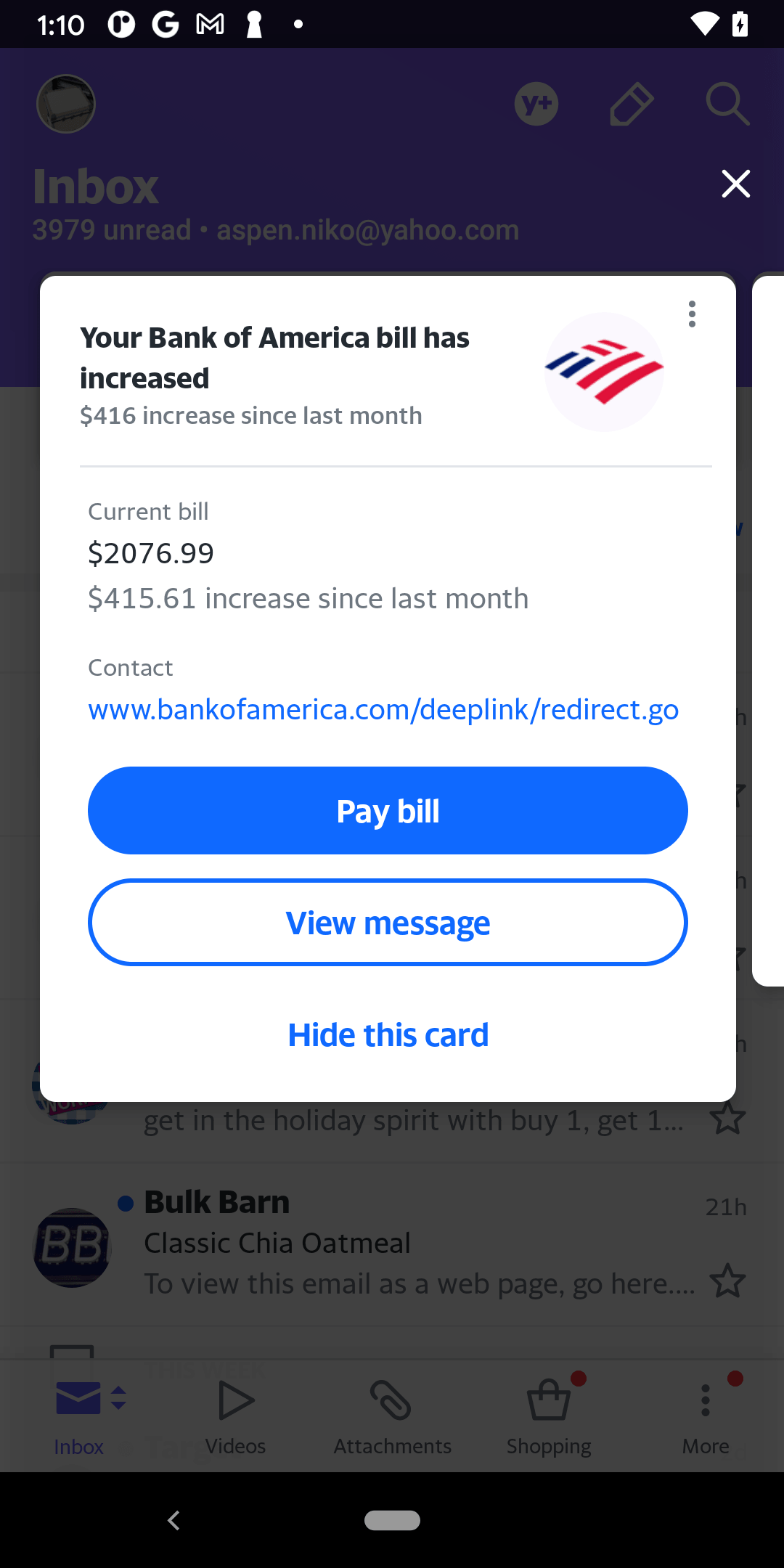 Bill-reminder notification scheduled from Yahoo Mail Android