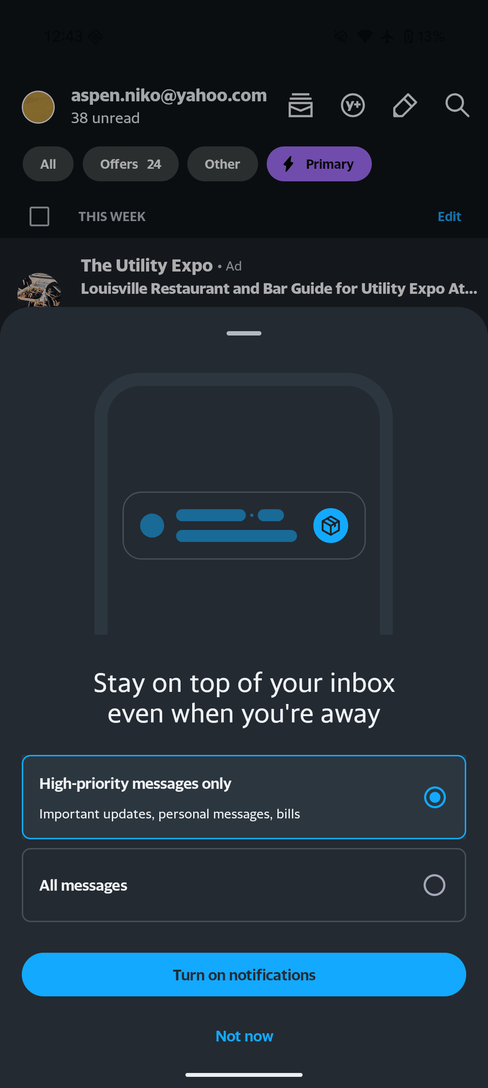 Notifications platform upsell on Yahoo Mail Android