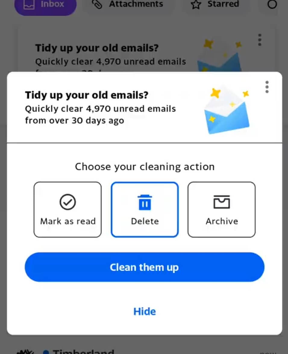 Tidy Inbox Top-of-Inbox bulk-cleanup card on Yahoo Mail Android