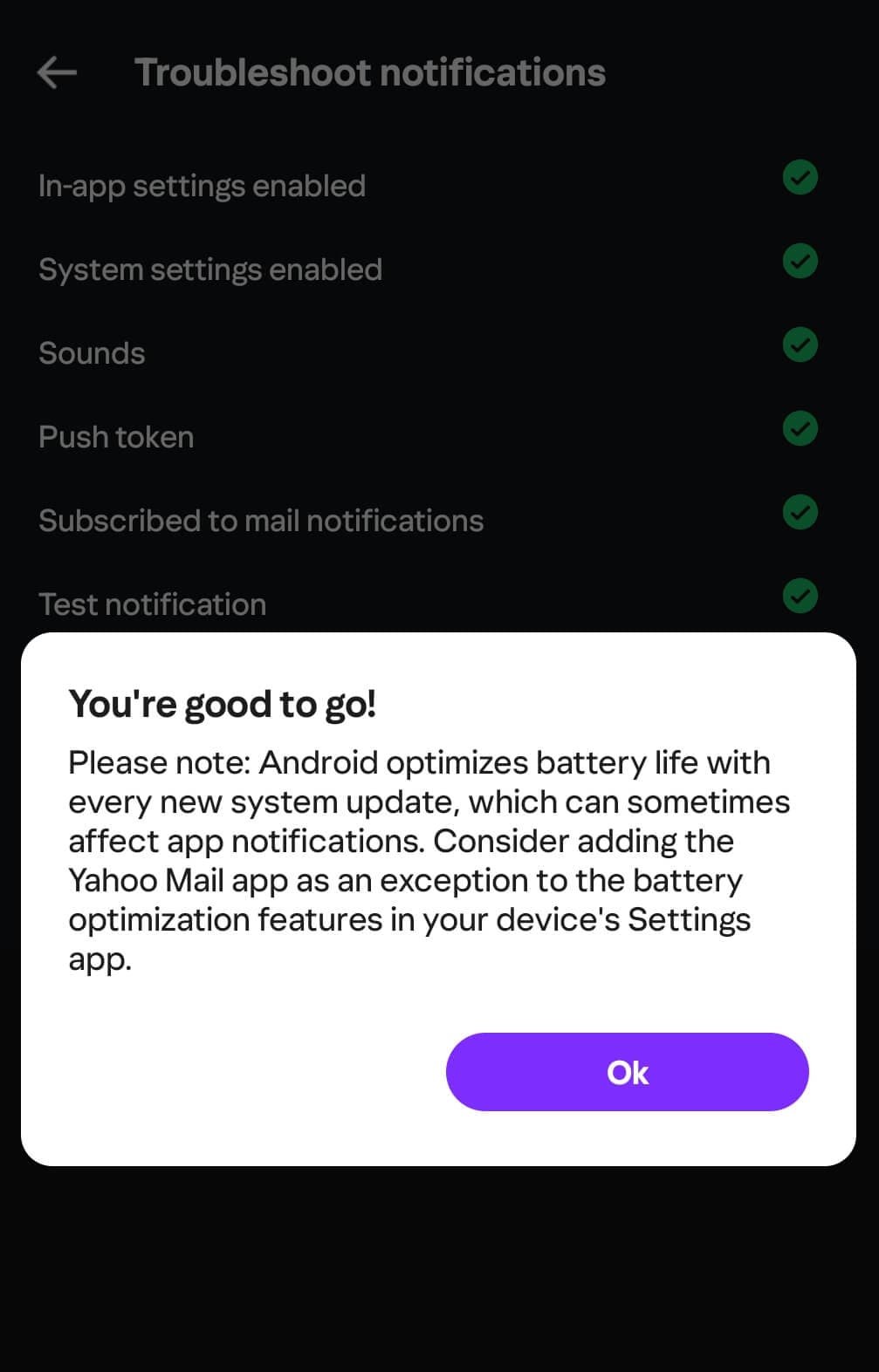 Notification Troubleshoot diagnostic flow on Yahoo Mail Android