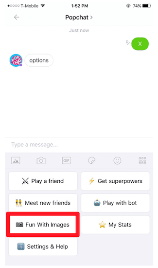 PopChat group-chat menu showing @mention bot suggestions